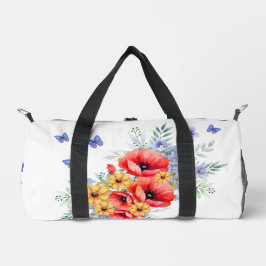 楽しい赤いケシ、ヒマワリと蝶 ダッフルバッグ