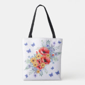 楽しい赤いケシ、ヒマワリと蝶 トートバッグ (裏面)