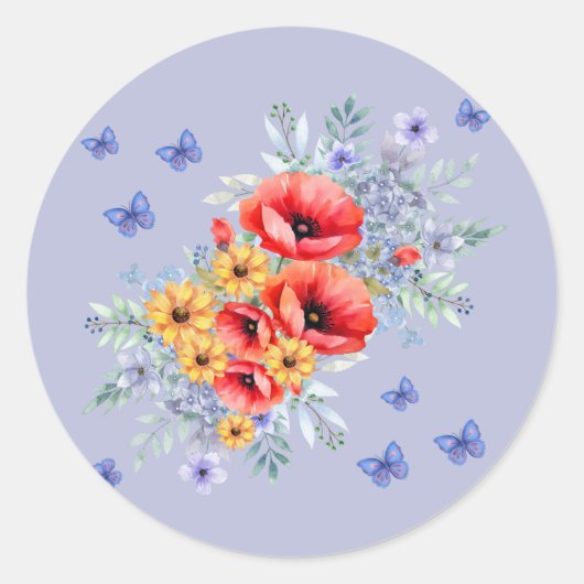 楽しい赤いケシ、ヒマワリと蝶 ラウンドシール (正面)