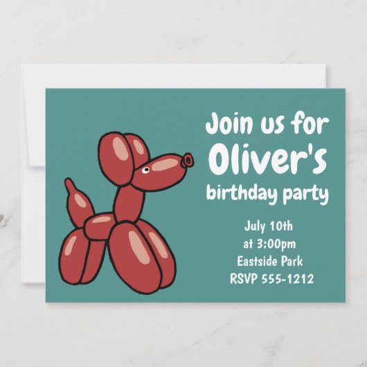 楽しい赤い風船の犬のデザイン 招待状 (正面)