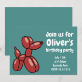 楽しい赤い風船の犬のデザイン 招待状 (正面/裏面)