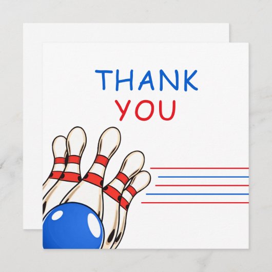 楽しい赤と青のボウリングをテーマにした6歳の誕生日 サンキューカード (正面/裏面)