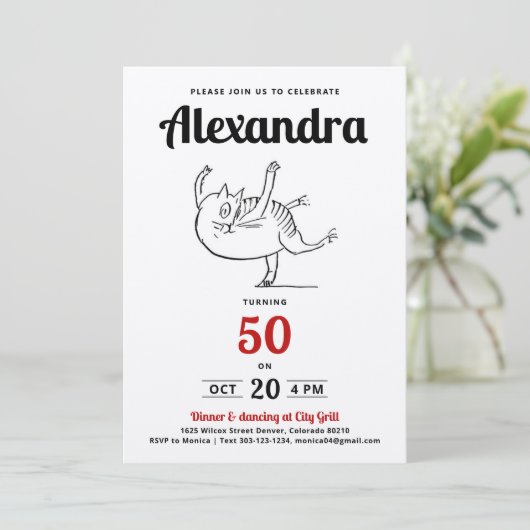 楽しい赤黒白猫ダンス50歳誕生日スケッチ 招待状 (スタンド正面)