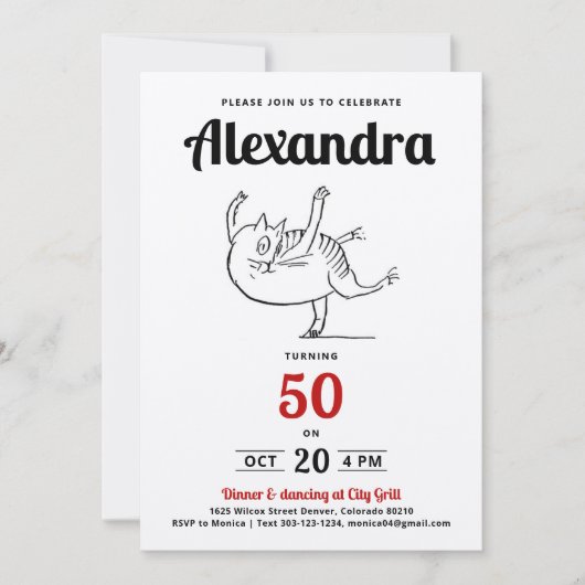 楽しい赤黒白猫ダンス 50歳誕生日スケッチ 招待状 (正面)