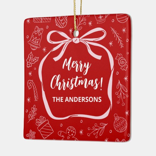 楽しい遊び心のある手描きのリボン クリスマス セラミックオーナメント (左)