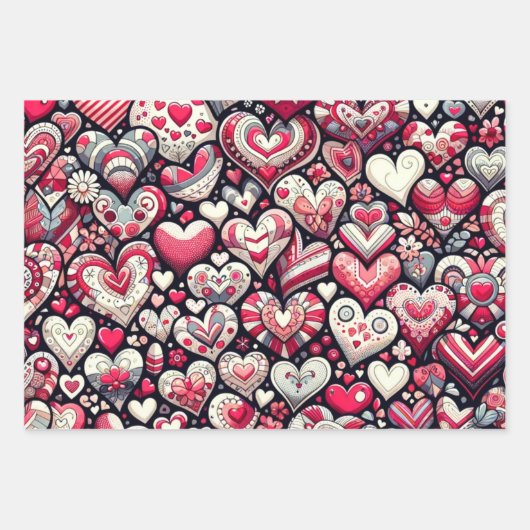 楽しい配列のハートバレンタインデー ラッピングペーパーシート (正面)