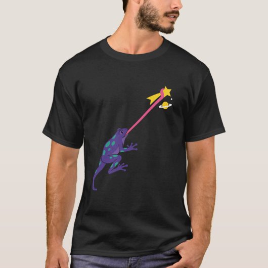 楽しい銀河のカエルが流れ星をキャッチする宇宙の惑星 Tシャツ (正面)