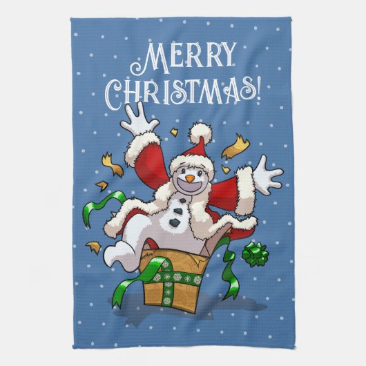 楽しい雪だるま メリークリスマス サプライズ カートゥーン キッチンタオル (縦)