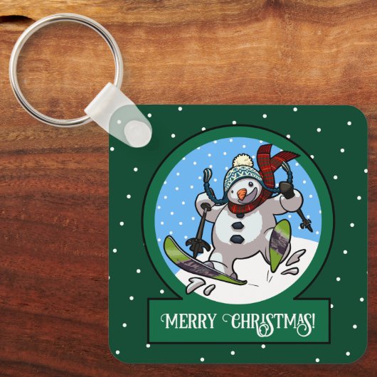 楽しい雪だるま メリークリスマス!スキー カートゥーン キーホルダー (正面)