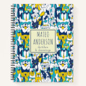 楽しい青黄色の犬のパターン名前付きカスタム ノートブック (正面)