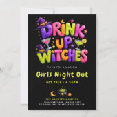 楽しい飲み会の魔女たち ハロウィンのカラフルカクテル 招待状 (正面)