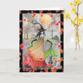 楽しい魔女と猫のハロウィンカード カード (黄色い花)