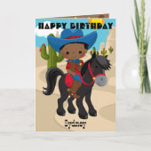 楽しい黒人の少年たちのお馬さんの迷路付きカウボーイ誕生日おめでとう カード (正面)