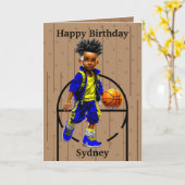 楽しい黒人の少年バスケットボール秘密のメッセージの誕生日 カード (黄色い花)