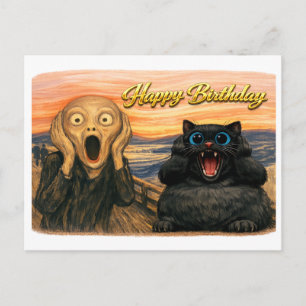 楽しい黒猫のムンクのパロディシーン お誕生日おめでとう ポストカード