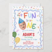 楽しい1歳の誕生日おめでとう フォト 1歳の誕生日 男の子 招待状 (正面)