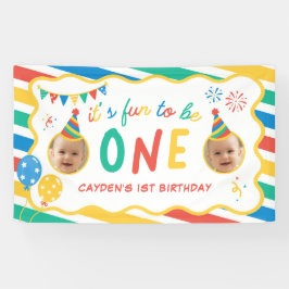 楽しい1歳の誕生日おめでとう 男の子 カラフル 横断幕