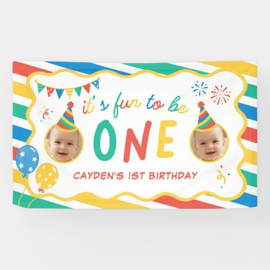 楽しい1歳の誕生日おめでとう 男の子 カラフル 横断幕 (横)