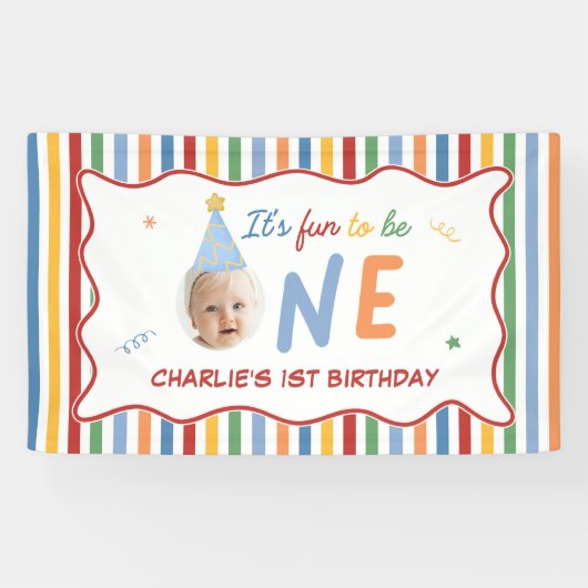 楽しい1歳の誕生日フォトカラフル 横断幕 (横)