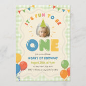 楽しい1歳の誕生日フォト ギンガムグリーン 招待状 (正面)
