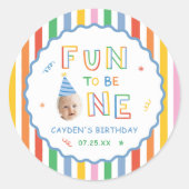 楽しい1歳の誕生日 レトロカラフル男の子 ラウンドシール (正面)