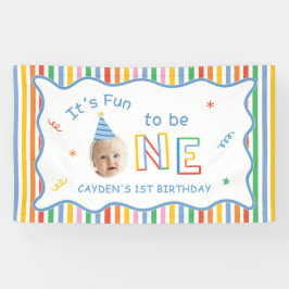 楽しい1歳の誕生日 レトロカラフル男の子 横断幕
