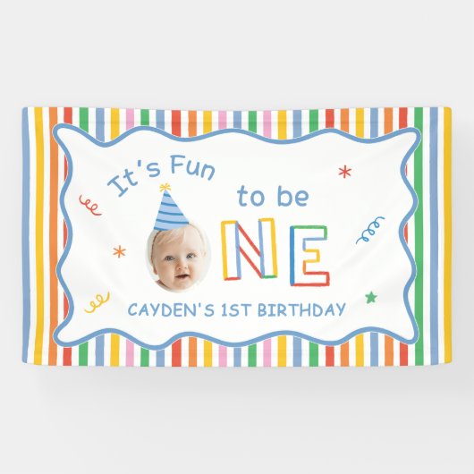 楽しい1歳の誕生日 レトロカラフル男の子 横断幕 (横)