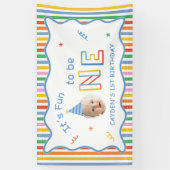 楽しい1歳の誕生日 レトロカラフル男の子 横断幕 (縦)