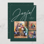 楽しい3つの写真の緑の家族クリスマス シーズンカード (正面/裏面)