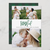 楽しい3枚のフォトスクリプトタータンチェックファミリの休日 シーズンカード (正面/裏面)