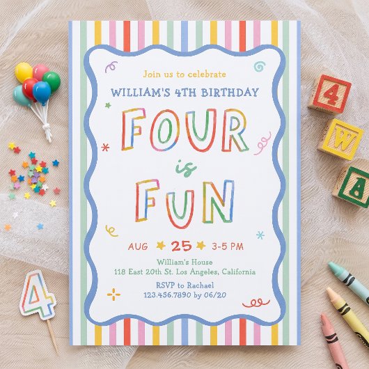 楽しい4歳の誕生日のカラフルな招待状 招待状