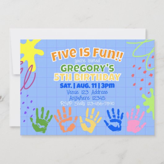 楽しい5歳、カラフルなペイントの手 5歳の誕生日 招待状 (正面)