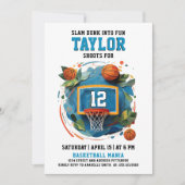 楽しい かっこいい スポーツ カラフル ブルー バスケットボール 誕生日 招待状 (正面)