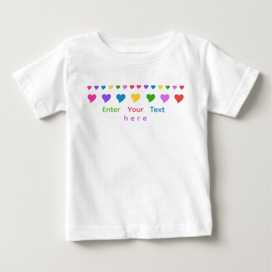 楽しい かわいい カラフルハートの名前入りキッズ服 ベビーTシャツ (正面)