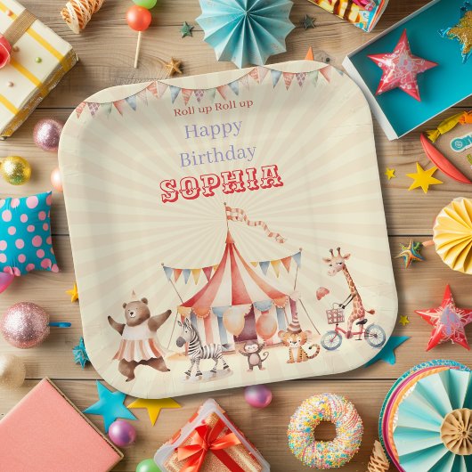 楽しい かわいい 赤とピンクのサーカス 子供の誕生日 ペーパープレート