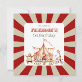楽しい かわいい 赤と白のサーカス キッズの誕生日 カード (正面)