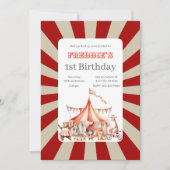 楽しい かわいい 赤と白のサーカス キッズの誕生日 招待状 (正面)