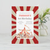 楽しい かわいい 赤と白のサーカス キッズの誕生日 招待状 (スタンド正面)