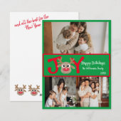 楽しい かわいい 3 枚の写真のカートゥーン トナカイ 赤 緑 シーズンカード (正面/裏面)