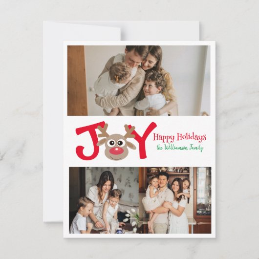 楽しい かわいい 3 枚の写真の漫画のトナカイ 白 シーズンカード (正面)