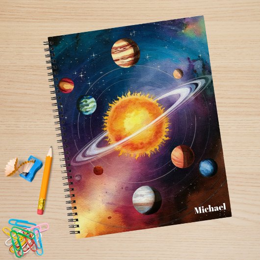 楽しい、クールな宇宙、惑星、太陽、カラフル、カスタム ノートブック