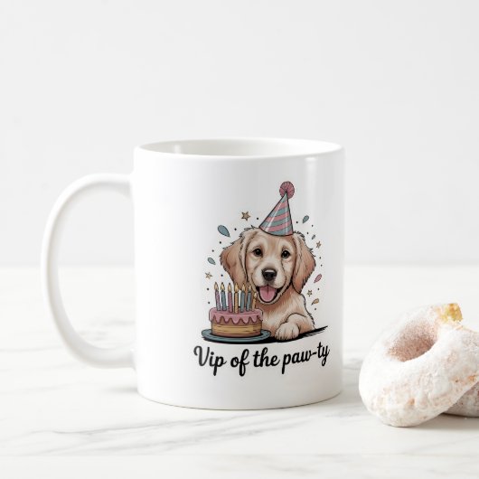 楽しい「パーティーのVIP」犬の誕生日 コーヒーマグカップ (ドーナツ)