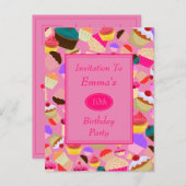 楽しい、明るいピンクのカップケーキの誕生日パーティー招待状 インビテーションポストカード (正面/裏面)