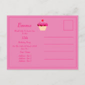 楽しい、明るいピンクのカップケーキの誕生日パーティー招待状 インビテーションポストカード (裏面)