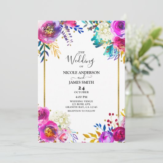楽しい 明るい 大胆な色の水彩花のウェディング 招待状 (スタンド正面)