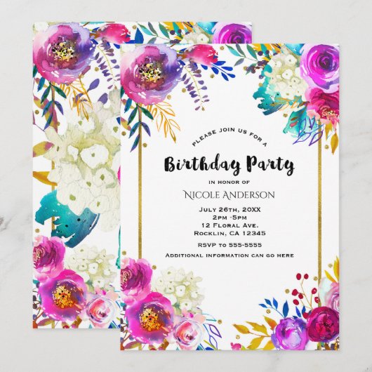楽しい 明るい 大胆な 水彩 花の バースデーパーティー 招待状 (正面/裏面)
