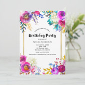 楽しい 明るい 大胆な 水彩 花の 誕生日パーティー 招待状 (スタンド正面)
