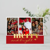 楽しい＆明るい 3つの写真 赤と金のクリスマスカード 箔シーズンカード (立ち正面)