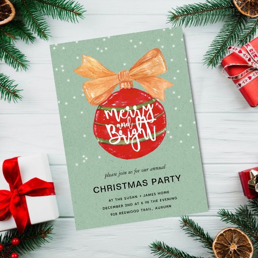 楽しい & 明るい l 水彩の赤いオーナメント 雪景色 招待状