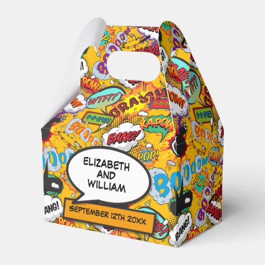 楽しい 現代風 かっこいい コミックブック ウェディング フェイバーボックス (正面サイド)